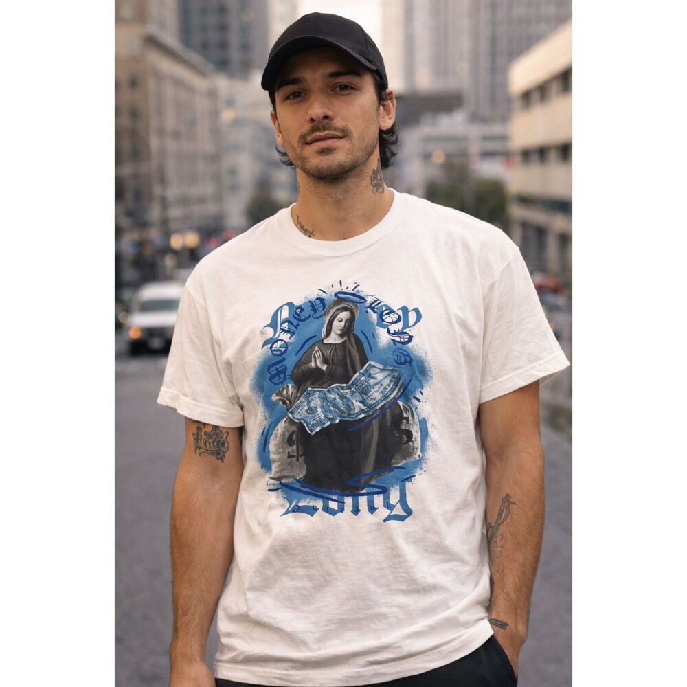 Outrank Brand Money Love Virgin Mary Bizarre Abstract Rare Graphic T-Shirt XL